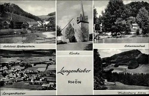 Ak Langenbieber Hofbieber Rhön, Schwimmbad, Milseburg, Kirche, Schloss Bieberstein