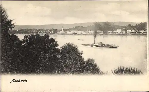 Ak Aschach an der Donau Oberösterreich, Blick auf den Ort, Dampfer