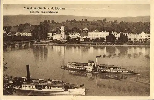 Ak Aschach an der Donau Oberösterreich, Blick auf den Ort, Salondampfer