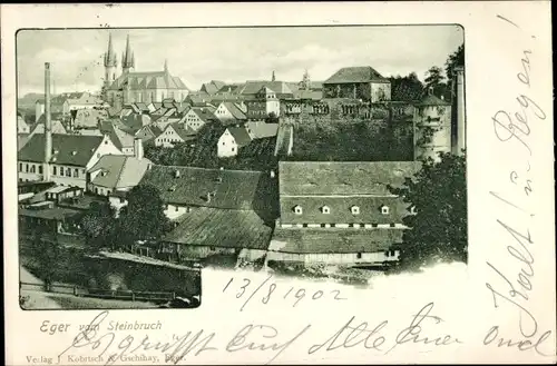 Ak Cheb Eger Reg. Karlsbad, Blick vom Steinbruch aus, Kirche, Hausdächer