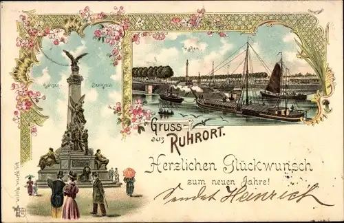 Litho Ruhrort Duisburg im Ruhrgebiet, Kaiser Wilhelm Denkmal, Hafen, Glückwunsch, Neujahr
