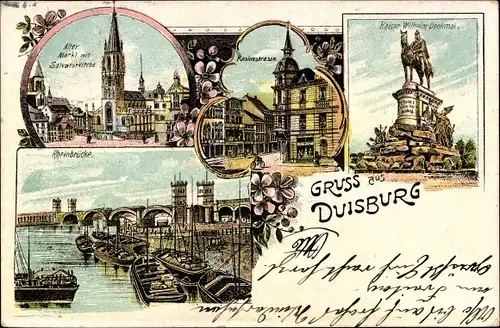 Litho Ruhrort Duisburg im Ruhrgebiet, Kaiser Wilhelm Denkmal, Alter Markt, Casinostraße, Rheinbrücke