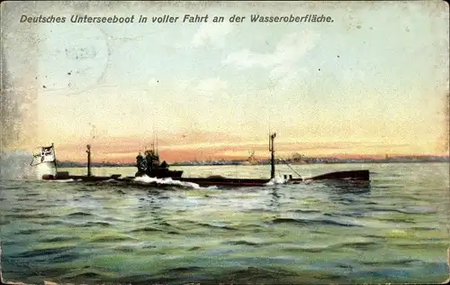 Ak Deutsches U Boot, Unterseeboot in voller Fahrt an der Wasseroberfläche