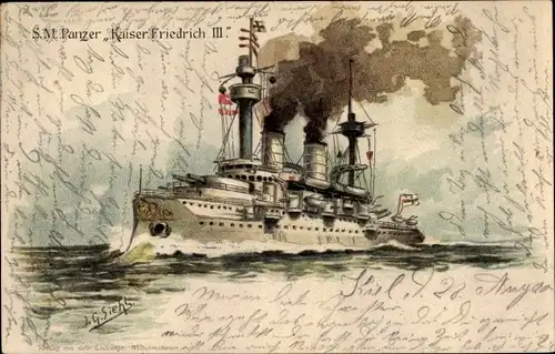 Künstler Litho Siehl, Deutsches Kriegsschiff, SMS Kaiser Friedrich III, Panzerschiff