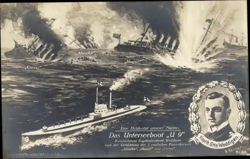 Künstler Ak Reimer, O., Otto Weddigen, Marineoffizier, Kapitänleutnant, Unterseeboot U 9, Gefecht