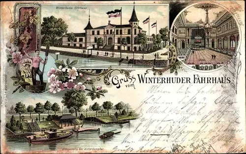 Litho Hamburg Nord Winterhude, Winterhuder Fährhaus, Saal, Anlegestelle der Alsterdampfer