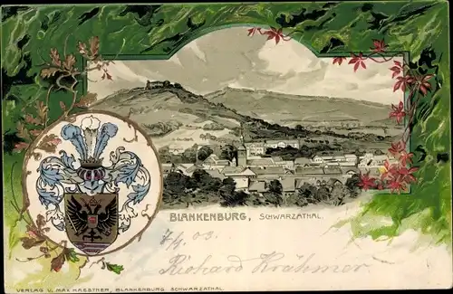 Präge Wappen Litho Bad Blankenburg in Thüringen, Schwarzathal, Panorama vom Ort 