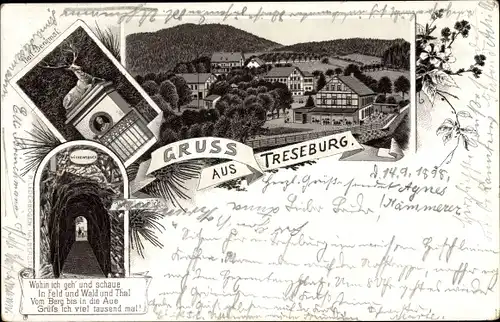 Litho Treseburg Thale im Harz, Wilhelms Blick, Pfeil Denkmal, Blick auf Ortschaft und Umgebung