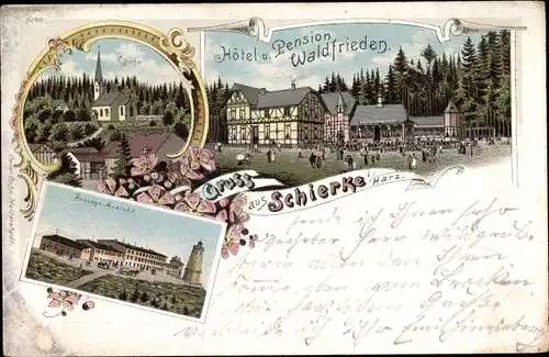 Litho Schierke Wernigerode am Harz, Hotel und Pension Waldfrieden, Brocken, Kirche