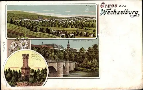 Litho Wechselburg in Sachsen, Schloss, Blick auf den Ort, Turm auf dem Rochlitzer Berg