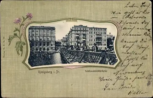 Passepartout Ak Kaliningrad Königsberg Ostpreußen, Schlossteichbrücke