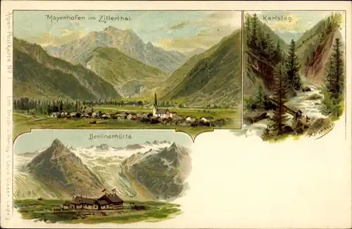 Künstler Litho Heubner, Mayrhofen im Zillertal in Tirol, Karlsteg, Berlinerhütte, Blick auf den Ort