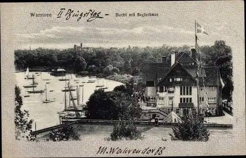 Ak Berlin Zehlendorf Wannsee, Uferpartie an der Bucht mit Seglerhaus, Boote