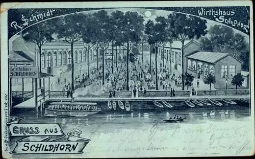 Mondschein Litho Berlin Wilmersdorf Grunewald Schildhorn, Wirtshaus, Boote