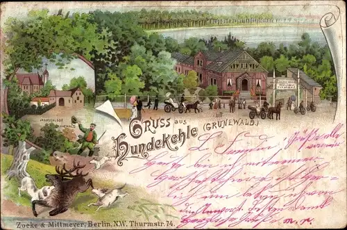 Litho Berlin Wilmersdorf Grunewald, Hundekehle, Jagdschloss, Jagdszene