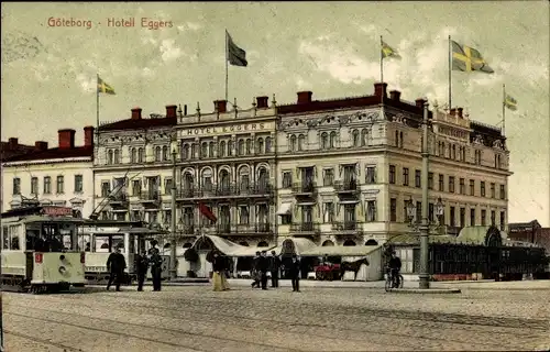 Ak Göteborg Schweden, Hotel Eggers, Straßenbahnen