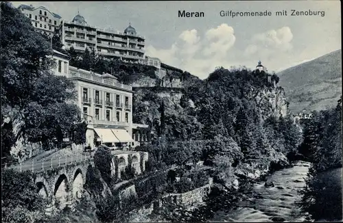 Ak Meran Merano Südtirol, Gilfpromenade mit Zenoburg