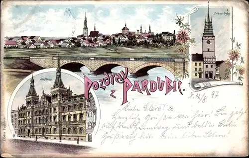 Litho Pardubice Pardubitz Stadt, Radnice, Rathaus, Zelena brana, Totalansicht