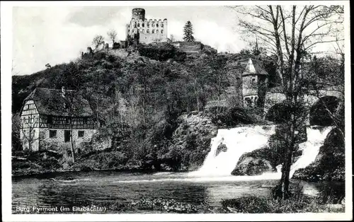 Ak Roes in der Eifel, Burg Pyrmont, Wasserfall, Pension, Bes. A. Spies