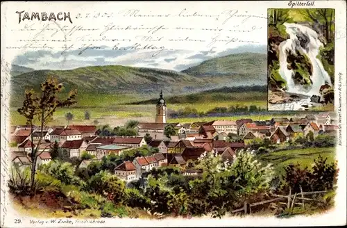 Litho Tambach Dietharz im Thüringer Wald, Spitterfall, Ortschaft mit Landschaftsblick