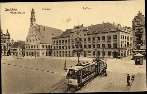Ak Zwickau in Sachsen, Hauptmarkt, Rathaus, Theater, Straßenbahn