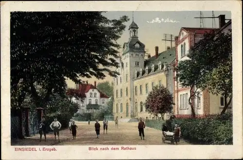 Ak Einsiedel Chemnitz, Rathaus, Straßenpartie mit Kindern