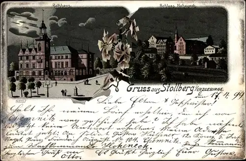 Mondschein Litho Stollberg im Erzgebirge, Rathaus, Schloss Hoheneck