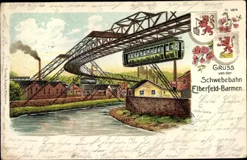 Wappen Litho Wuppertal in Nordrhein Westfalen, Schwebebahn Elberfeld Barnem