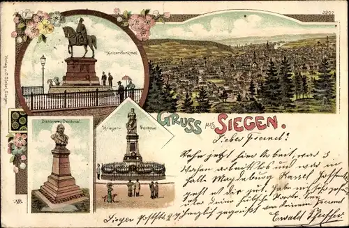 Litho Siegen in Westfalen, Kaiserdenkmal, Diesternweg Denkmal, Panorama, Kriegerdenkmal