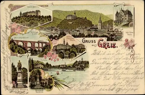 Litho Greiz Thüringen, Oberes Schloss, Elstertalbrücke, Odd Fellow Heim, Schloss, Bismarck Denkmal