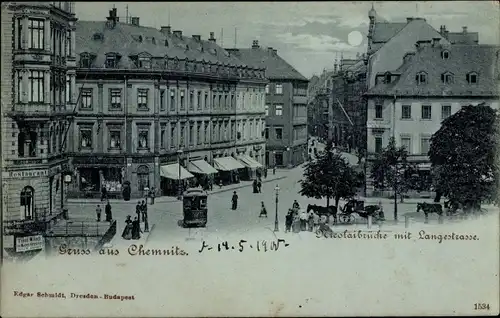 Mondschein Ak Chemnitz in Sachsen, Nicolaibrücke mit Langerstraße