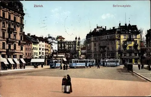 Ak Zürich Stadt Schweiz, Bellevueplatz, Straßenbahnen