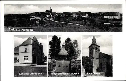 Ak Mörsdorf im Hunsrück, Gesamtansicht, Kaufhaus*, Kriegergedächtniskapelle, Kath. Kirche