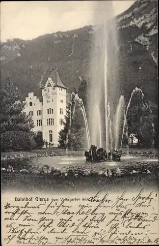 Ak Glarus Kanton Glarus Schweiz, Bahnhof, Volksgarten