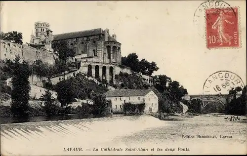 Ak Lavaur Tarn, La Cathédrale Saint Alain, les deux Ponts