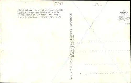Ak Brandmatt Sasbachwalden in Baden Württemberg, Pension Schwarzwaldperle