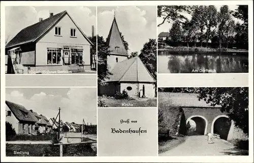 Ak Badenhausen Bad Grund im Harz, Geschäft, Kirche, Dorfteich, Brücke, Siedlung