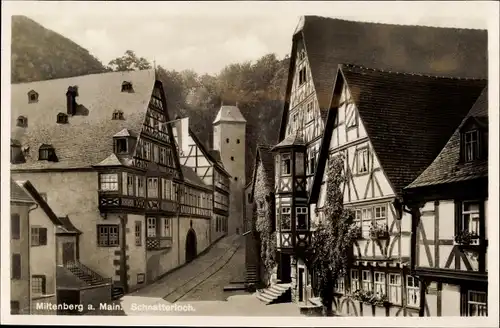 Ak Miltenberg am Main, Partie am Schnatterloch, Fachwerkhäuser