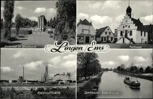 Ak Lingen im Emsland, Rathaus, Erdölraffinerie, Ehrenmal im Stadtpark, Dortmund Ems Kanal