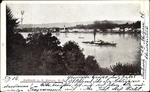 Ak Aschach an der Donau Oberösterreich, Panorama, Dampfer