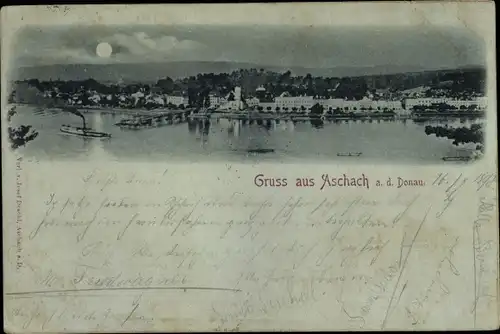 Mondschein Ak Aschach an der Donau Oberösterreich, Panorama, Kirche