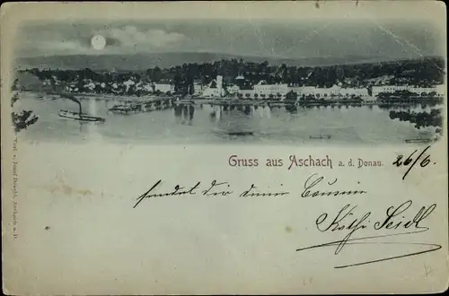 Mondschein Ak Aschach an der Donau Oberösterreich, Panorama der Ortschaft