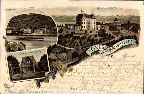 Litho Königswinter am Rhein, Restaurant auf dem Petersberg, Chorruine Heisterbach, Panorama, Dampfer