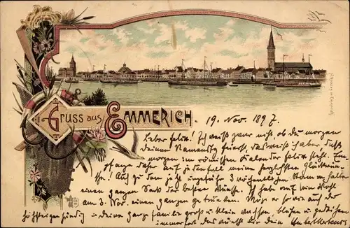 Litho  Emmerich am Niederrhein, Rheinpartie, Panorama