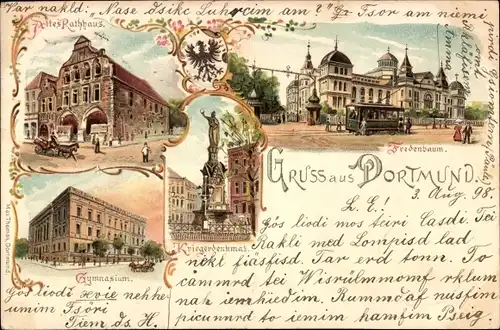 Litho Dortmund Westfalen, Rathaus, Gymnasium, Denkmal, Kriegerdenkmal