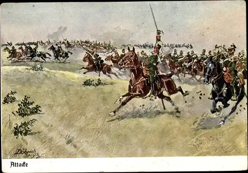 Künstler Ak Döbrich-Steglitz, Ulanen Attacke zur Kaiserzeit