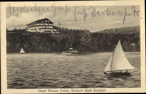 Ak Buckow in der Märkischen Schweiz, Hotel Weiße Taube, Segelboot