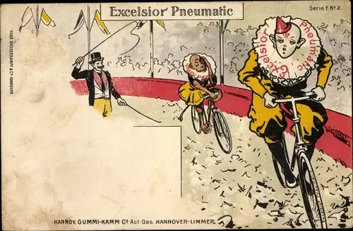 Litho Reklame, Excelsior Pneumatic, Clown und Affe auf Fahrrädern im Zirkus