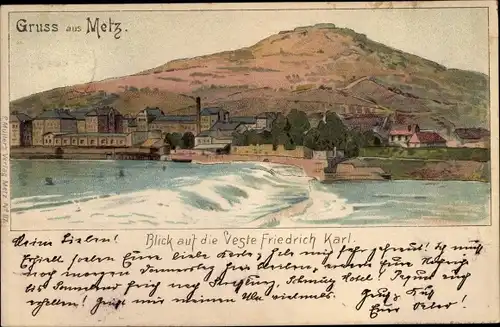 Litho Metz Moselle, Veste Friedrich Karl, Blick auf den Ort, Wehr