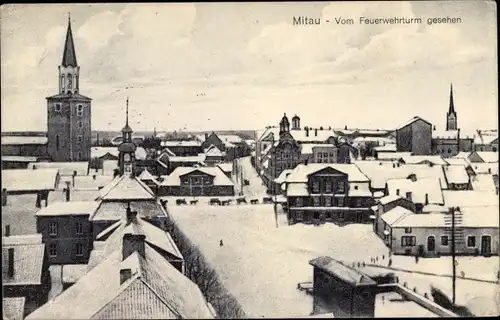 Ak Jelgava Mitau Lettland, Ortschaft vom Feuerwehrturm aus gesehen, Winteransicht